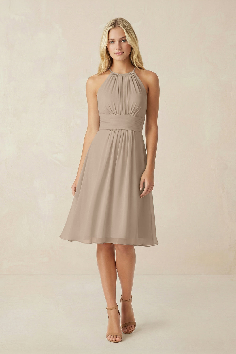 Halter A-Line Chiffon Midi Bridesmaid Dress in Almond