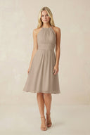 Halter A-Line Chiffon Midi Bridesmaid Dress in Almond | KISSBRIDAL