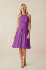 Halter A - Line Chiffon Midi Bridesmaid Dress in Amethyst - KISS BRIDAL Bridesmaid Dresses