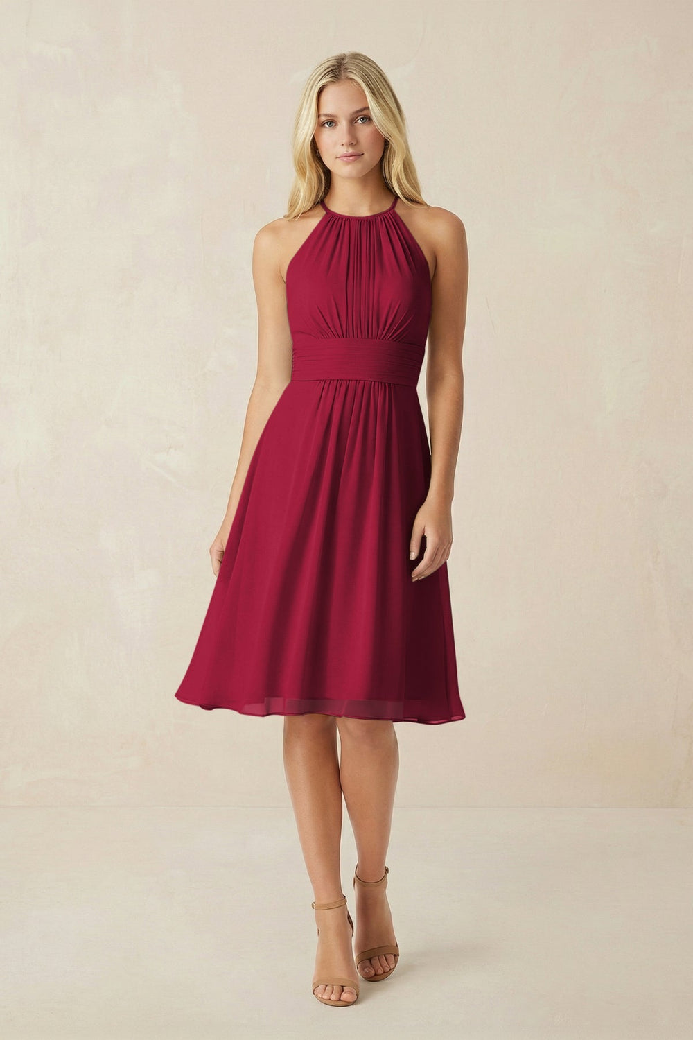 Halter A - Line Chiffon Midi Bridesmaid Dress in Berry - KISS BRIDAL Bridesmaid Dresses