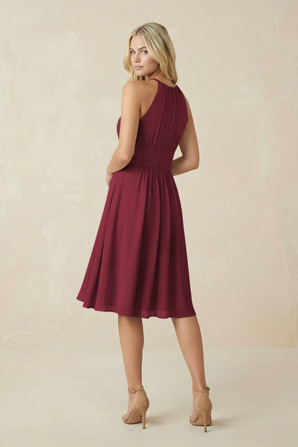 Halter A-Line Chiffon Midi Bridesmaid Dress in Berry