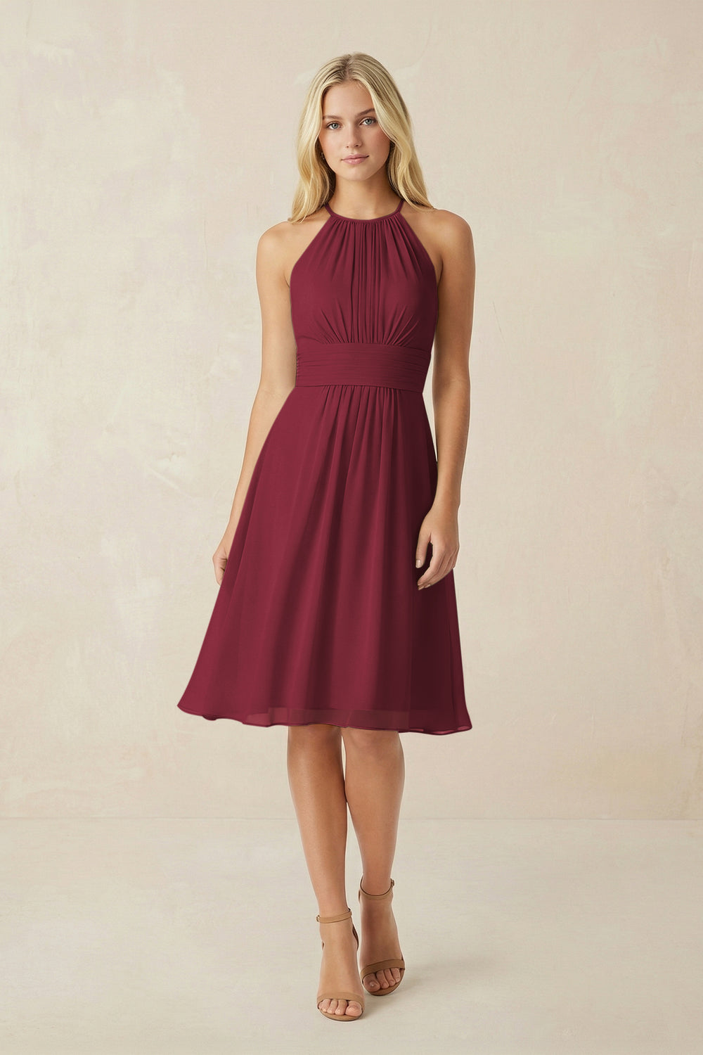 Halter A-Line Chiffon Midi Bridesmaid Dress in Berry