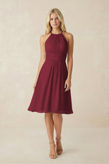 Halter A-Line Chiffon Midi Bridesmaid Dress in Berry | KISSBRIDAL