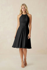 Halter A - Line Chiffon Midi Bridesmaid Dress in Black - KISS BRIDAL Bridesmaid Dresses