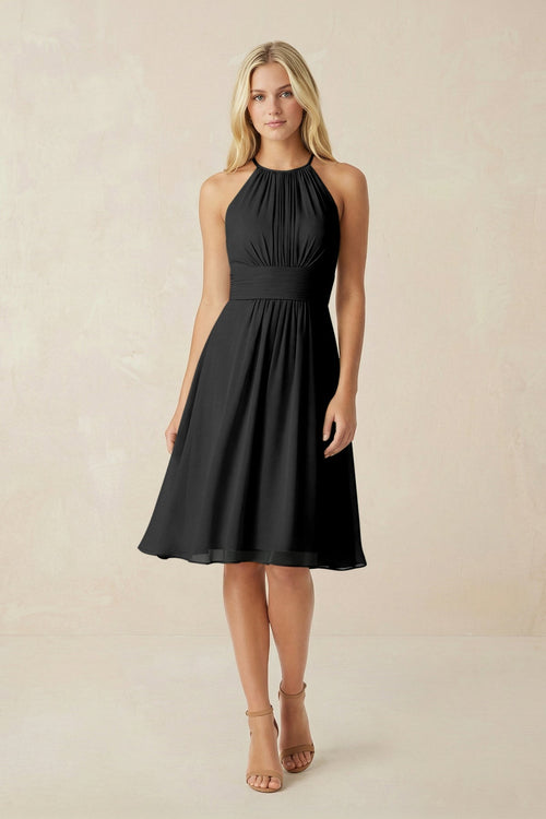 Halter A - Line Chiffon Midi Bridesmaid Dress in Black - SHE IS ME Bridesmaid Dresses
