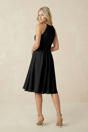 Halter A - Line Chiffon Midi Bridesmaid Dress in Black - SHE IS ME Bridesmaid Dresses