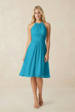 Halter A - Line Chiffon Midi Bridesmaid Dress in Blue Jay - SHE IS ME Bridesmaid Dresses