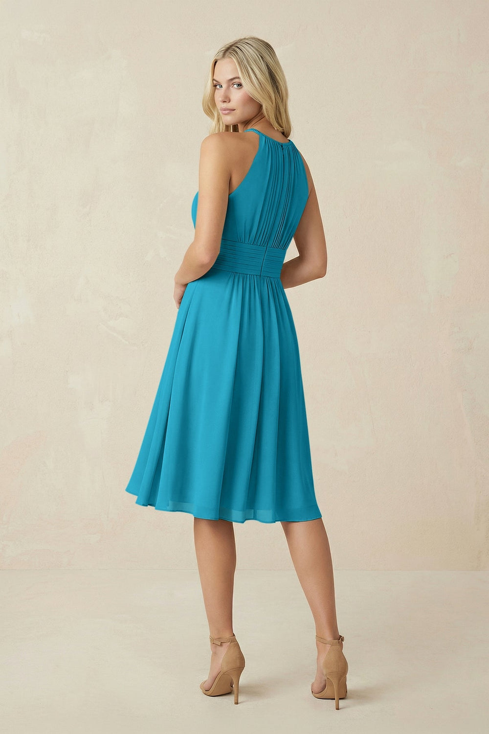 Halter A - Line Chiffon Midi Bridesmaid Dress in Blue Jay - KISS BRIDAL Bridesmaid Dresses