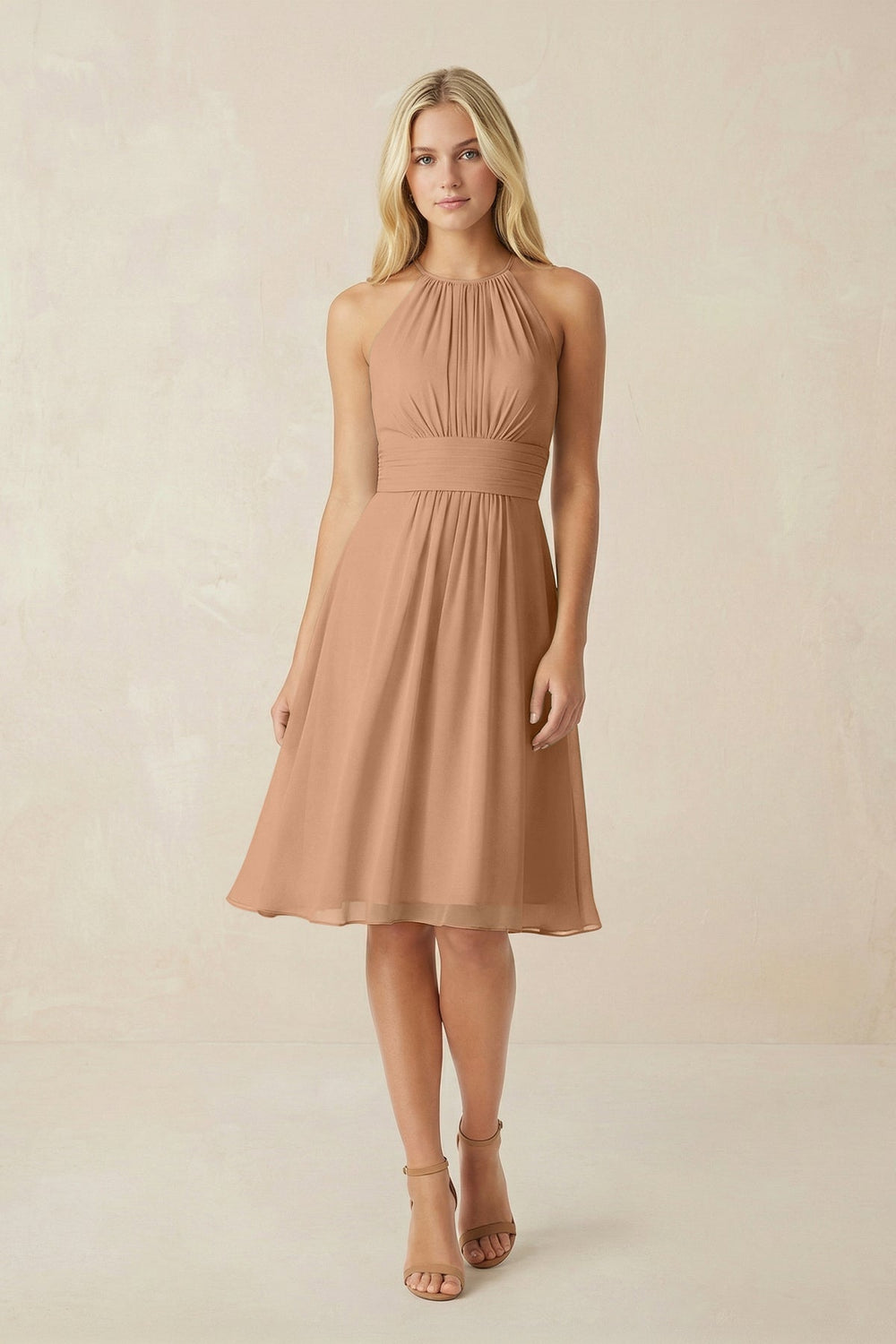 Halter A - Line Chiffon Midi Bridesmaid Dress in Bronzer - KISS BRIDAL Bridesmaid Dresses