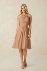 Halter A - Line Chiffon Midi Bridesmaid Dress in Bronzer - KISS BRIDAL Bridesmaid Dresses