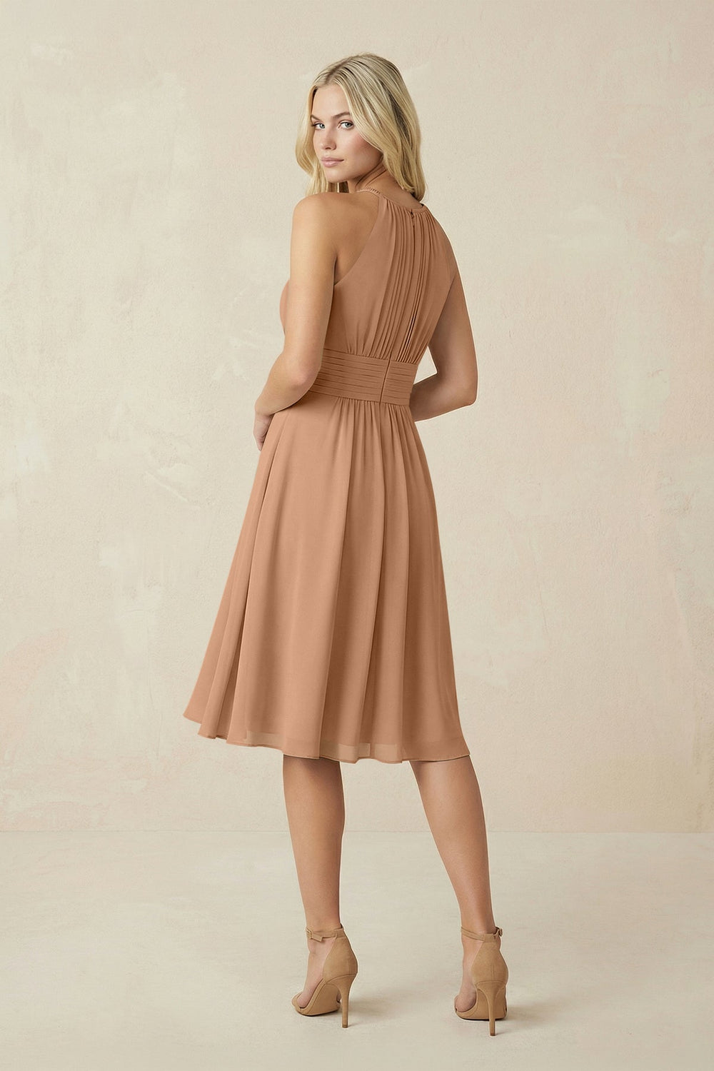 Halter A - Line Chiffon Midi Bridesmaid Dress in Bronzer - KISS BRIDAL Bridesmaid Dresses