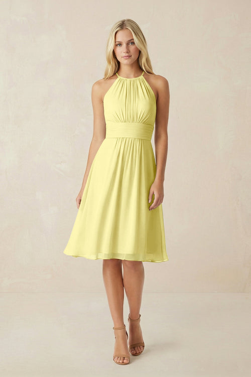Halter A - Line Chiffon Midi Bridesmaid Dress in Buttercup - SHE IS ME Bridesmaid Dresses