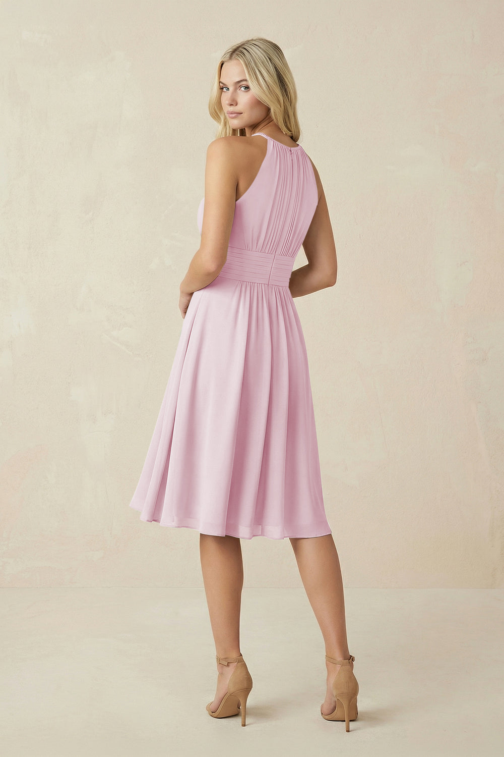 Halter A-Line Chiffon Midi Bridesmaid Dress in Candy Pink