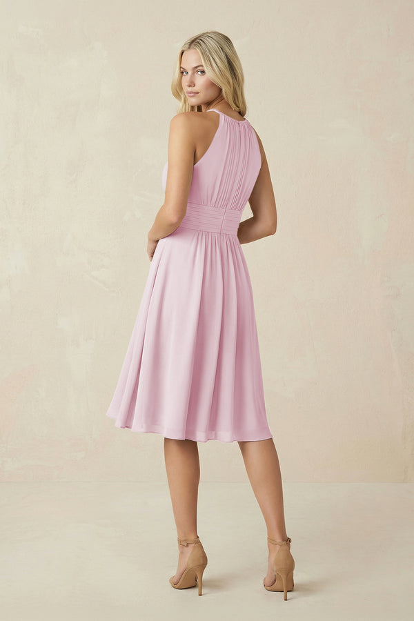 Halter A-Line Chiffon Midi Bridesmaid Dress in Candy Pink (2) | KISSBRIDAL