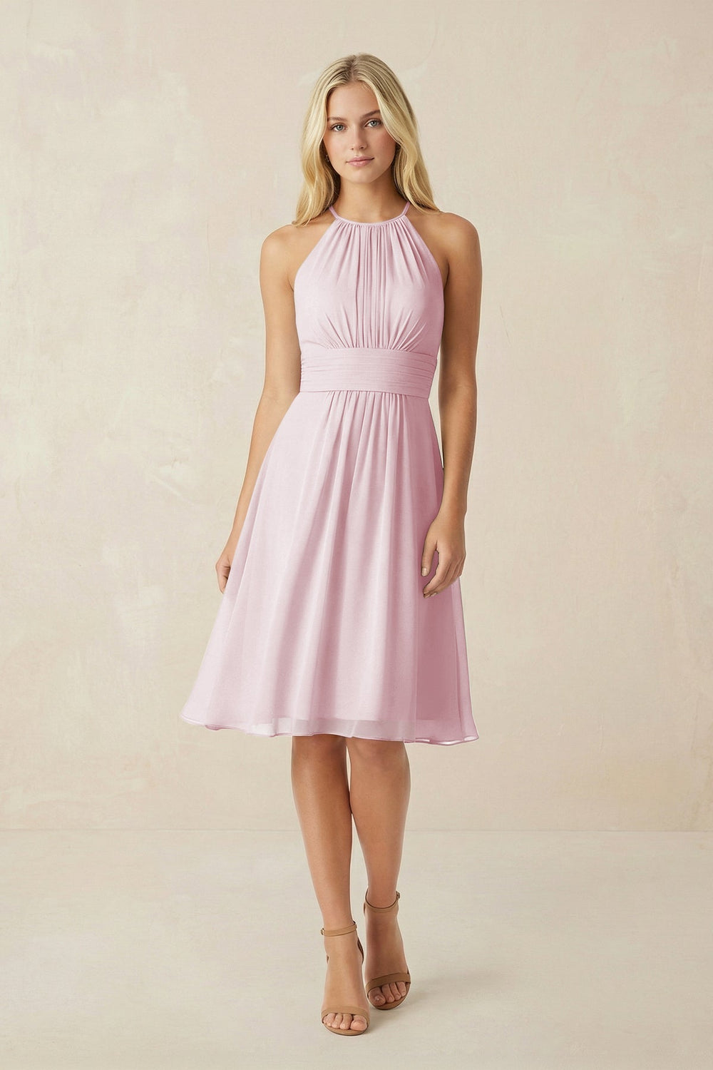 Halter A - Line Chiffon Midi Bridesmaid Dress in Candy Pink - KISS BRIDAL Bridesmaid Dresses