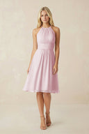 Halter A - Line Chiffon Midi Bridesmaid Dress in Candy Pink - SHE IS ME Bridesmaid Dresses