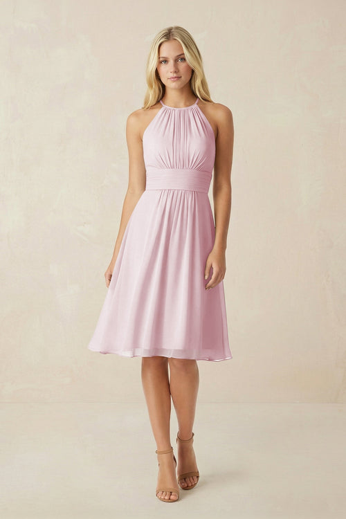 Halter A - Line Chiffon Midi Bridesmaid Dress in Candy Pink - SHE IS ME Bridesmaid Dresses