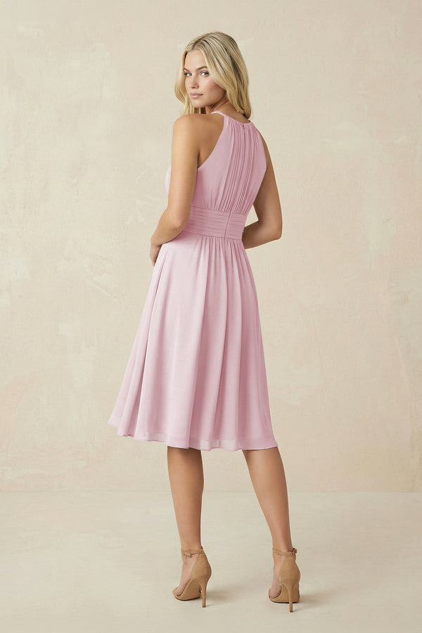 Halter A - Line Chiffon Midi Bridesmaid Dress in Candy Pink - SHE IS ME Bridesmaid Dresses