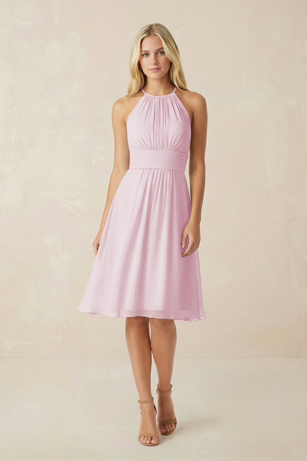 Halter A-Line Chiffon Midi Bridesmaid Dress in Candy Pink