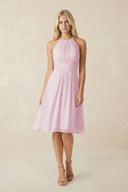Halter A-Line Chiffon Midi Bridesmaid Dress in Candy Pink | KISSBRIDAL