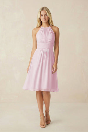 Halter A-Line Chiffon Midi Bridesmaid Dress in Candy Pink | KISSBRIDAL