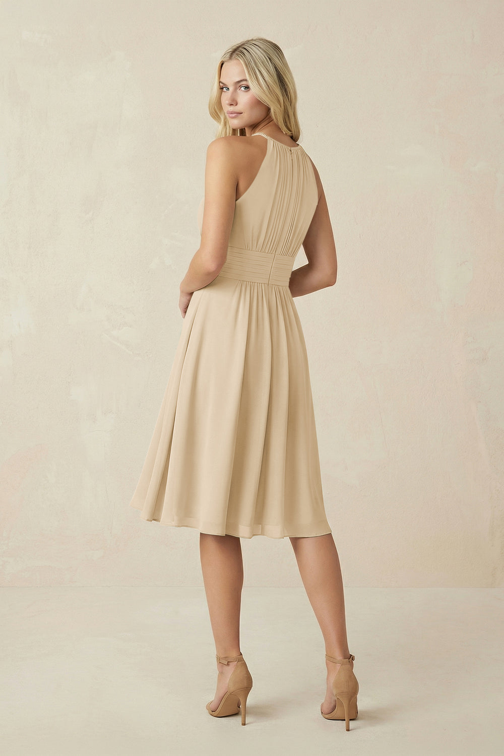 Halter A-Line Chiffon Midi Bridesmaid Dress in Champagne