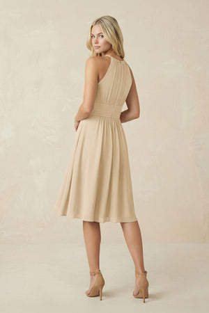 Halter A-Line Chiffon Midi Bridesmaid Dress in Champagne (2) | KISSBRIDAL