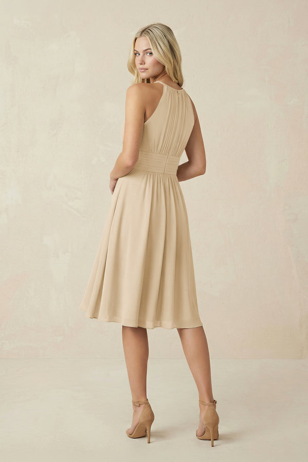 Halter A-Line Chiffon Midi Bridesmaid Dress in Champagne (2) | KISSBRIDAL