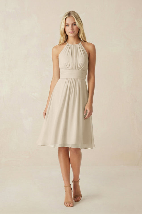Halter A - Line Chiffon Midi Bridesmaid Dress in Champagne - SHE IS ME Bridesmaid Dresses