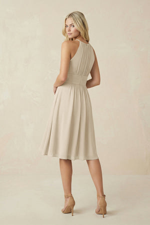 Halter A - Line Chiffon Midi Bridesmaid Dress in Champagne - SHE IS ME Bridesmaid Dresses