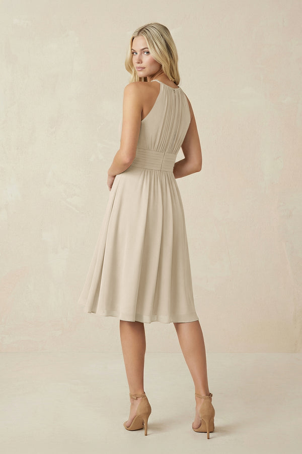 Halter A - Line Chiffon Midi Bridesmaid Dress in Champagne - SHE IS ME Bridesmaid Dresses