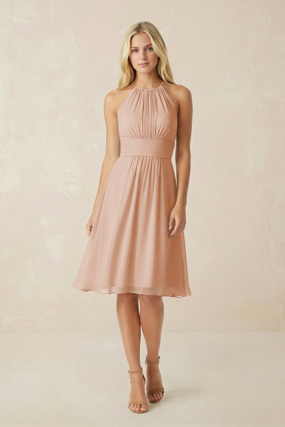 Halter A - Line Chiffon Midi Bridesmaid Dress in Champagne Rose - KISS BRIDAL Bridesmaid Dresses