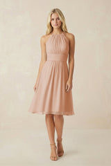 Halter A - Line Chiffon Midi Bridesmaid Dress in Champagne Rose - KISS BRIDAL Bridesmaid Dresses