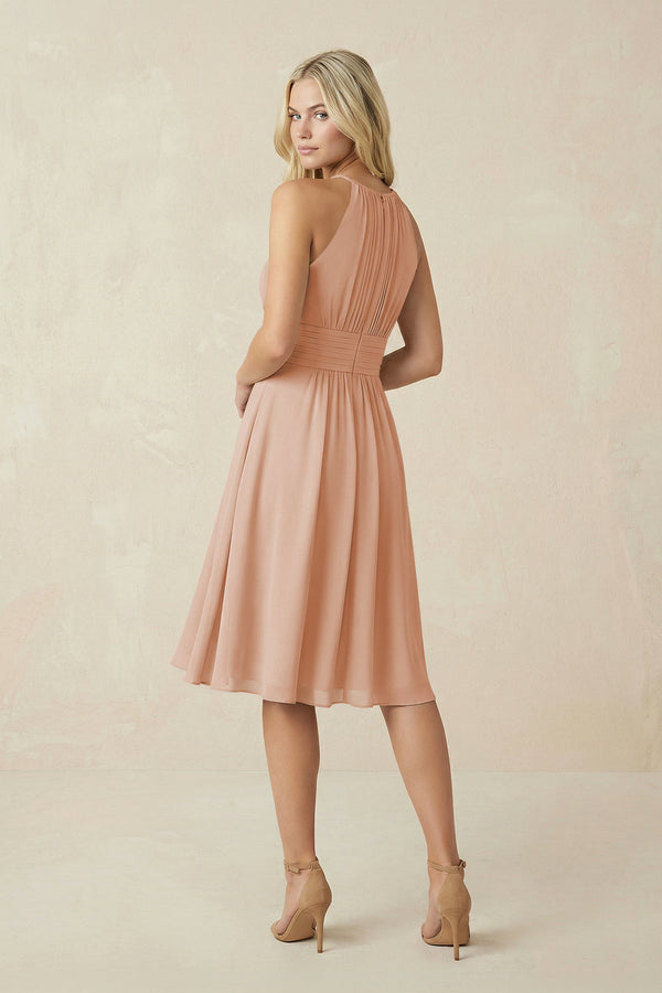 Halter A - Line Chiffon Midi Bridesmaid Dress in Champagne Rose - SHE IS ME Bridesmaid Dresses