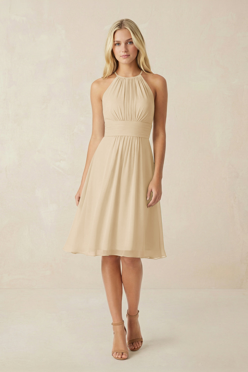 Halter A-Line Chiffon Midi Bridesmaid Dress in Champagne