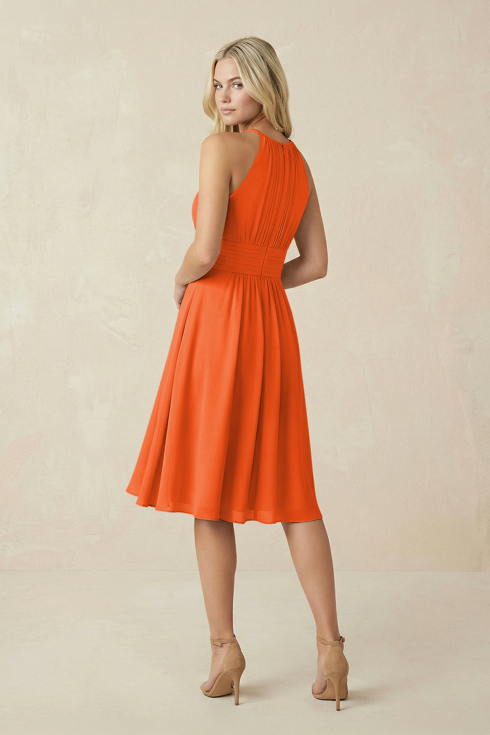Halter A-Line Chiffon Midi Bridesmaid Dress in Cinnamon