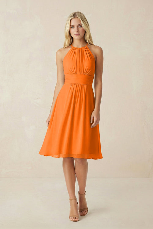 Halter A - Line Chiffon Midi Bridesmaid Dress in Cinnamon - SHE IS ME Bridesmaid Dresses