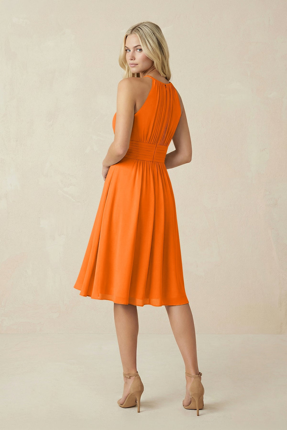 Halter A - Line Chiffon Midi Bridesmaid Dress in Cinnamon - KISS BRIDAL Bridesmaid Dresses