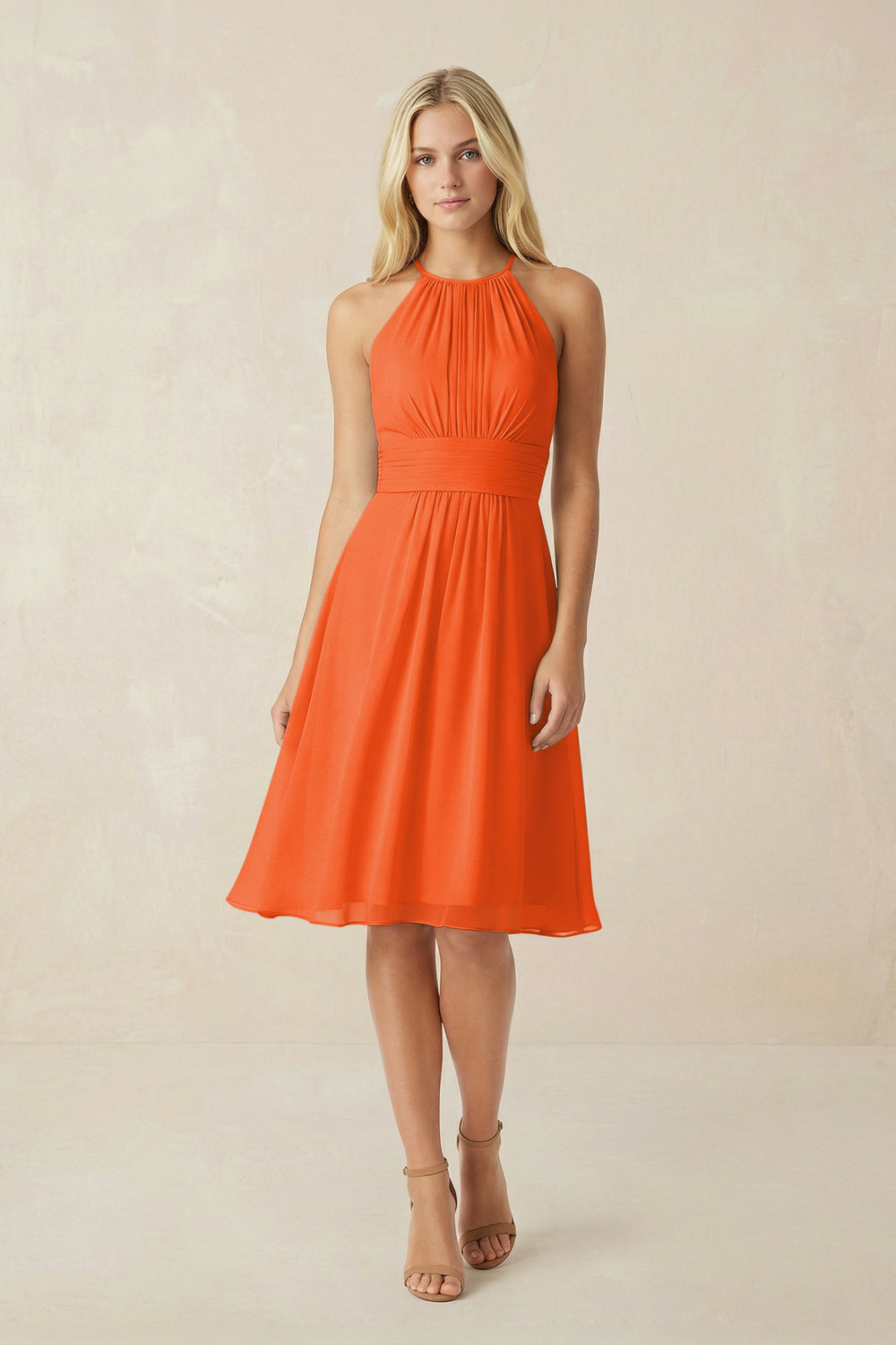 Halter A-Line Chiffon Midi Bridesmaid Dress in Cinnamon