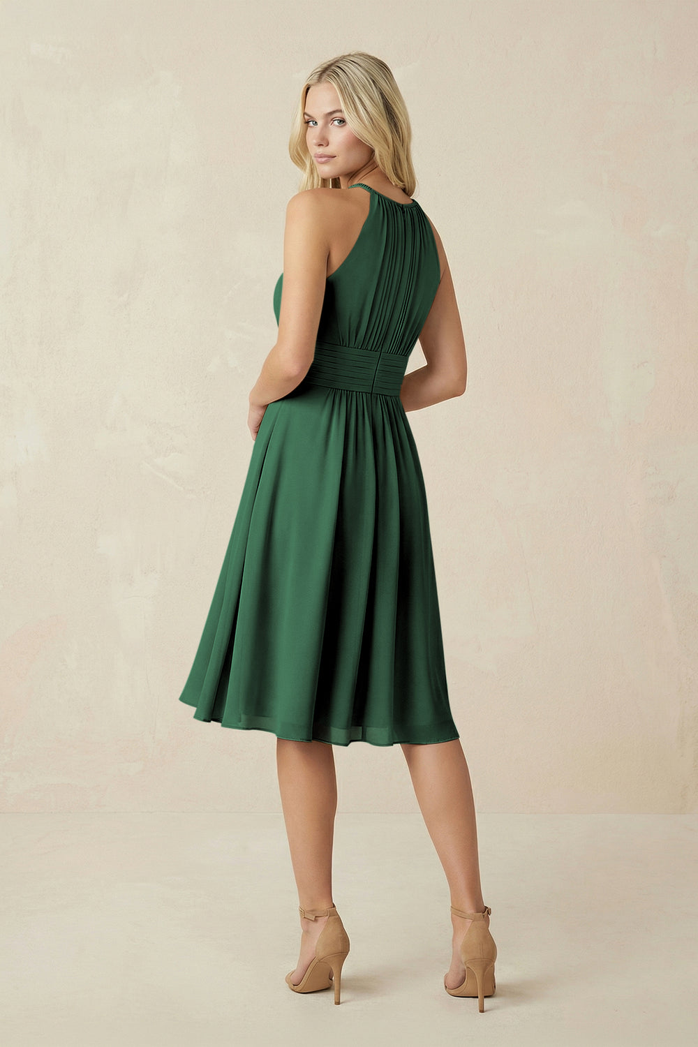 Halter A-Line Chiffon Midi Bridesmaid Dress in Dark Green