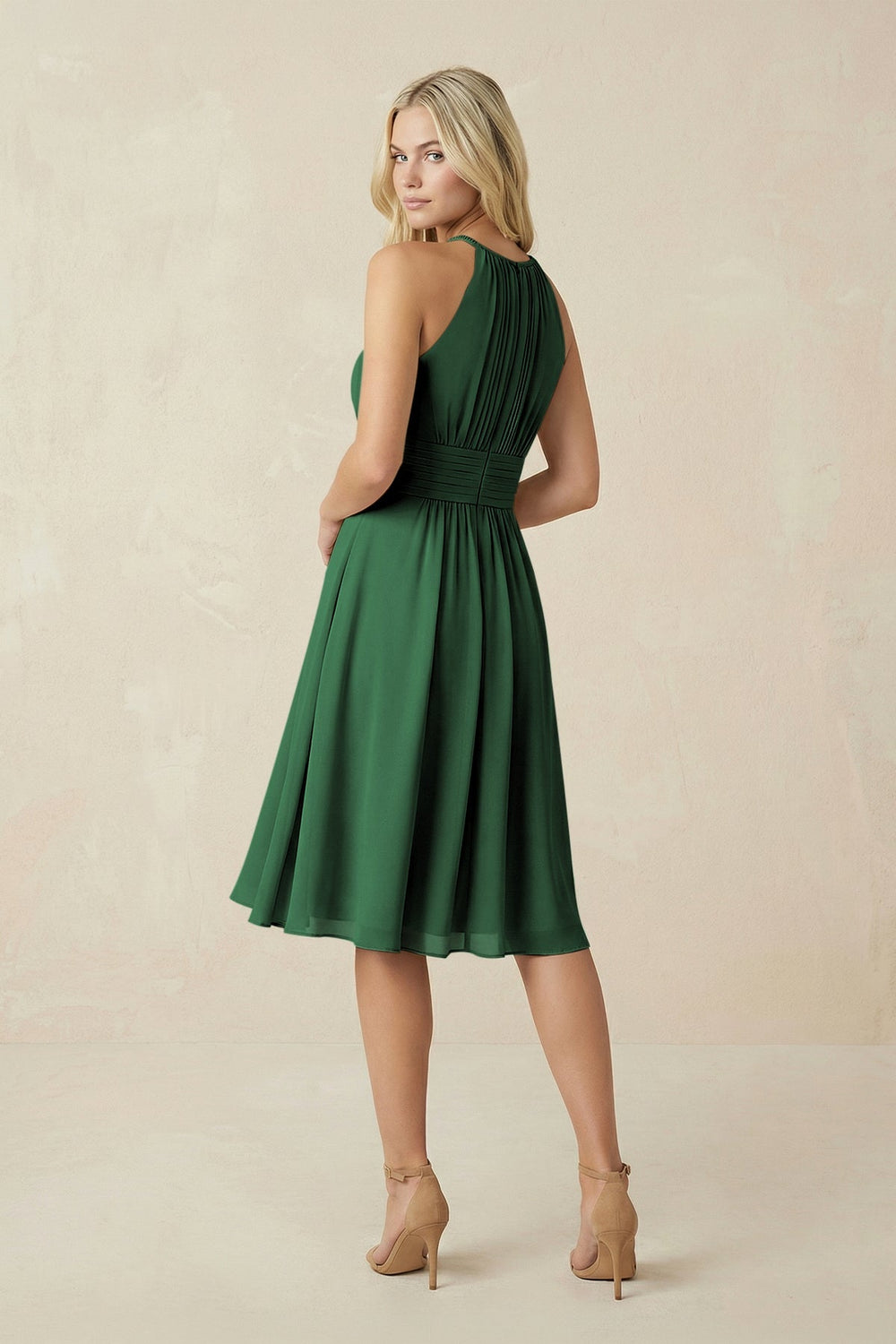 Halter A - Line Chiffon Midi Bridesmaid Dress in Dark Green - KISS BRIDAL Bridesmaid Dresses