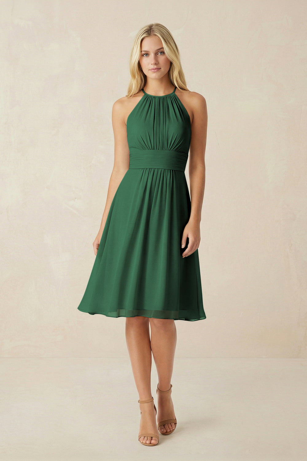 Halter A-Line Chiffon Midi Bridesmaid Dress in Dark Green