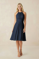 Halter A - Line Chiffon Midi Bridesmaid Dress in Dark Navy - SHE IS ME Bridesmaid Dresses