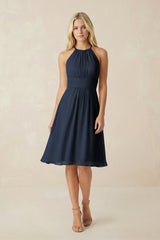 Halter A - Line Chiffon Midi Bridesmaid Dress in Dark Navy - KISS BRIDAL Bridesmaid Dresses