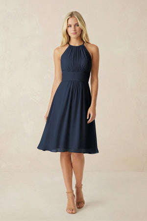 Halter A - Line Chiffon Midi Bridesmaid Dress in Dark Navy - SHE IS ME Bridesmaid Dresses