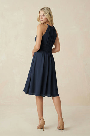 Halter A - Line Chiffon Midi Bridesmaid Dress in Dark Navy - SHE IS ME Bridesmaid Dresses