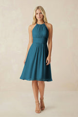 Halter A - Line Chiffon Midi Bridesmaid Dress in Dark Teal - KISS BRIDAL Bridesmaid Dresses