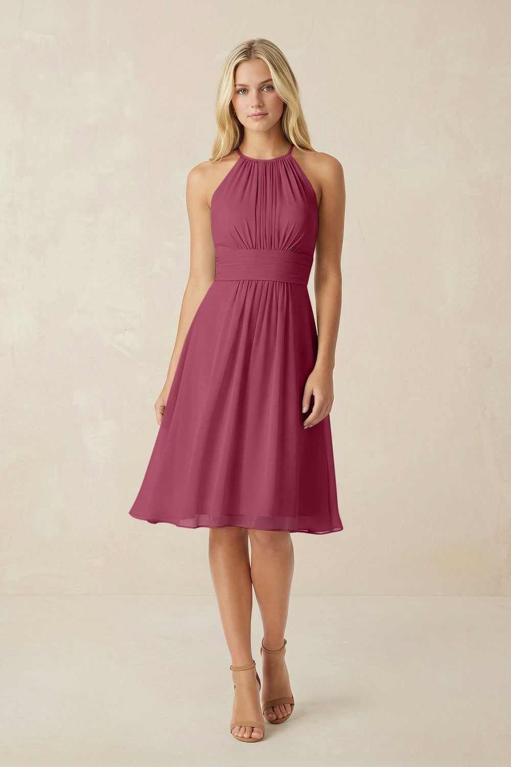 Halter A - Line Chiffon Midi Bridesmaid Dress in Desert Rose - KISS BRIDAL Bridesmaid Dresses
