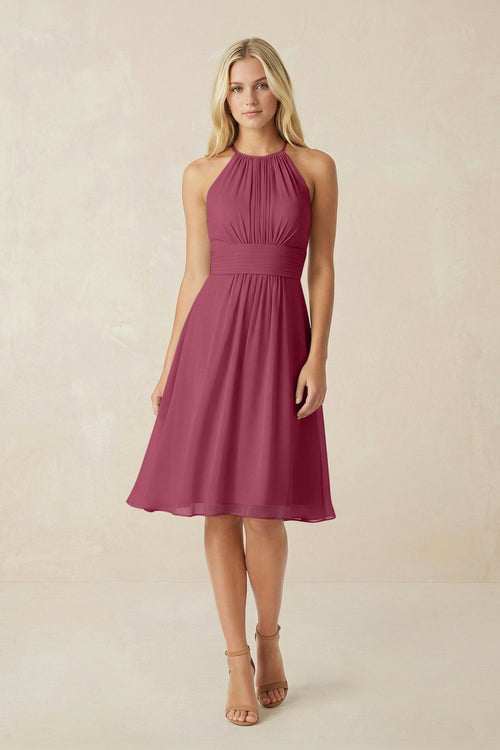 Halter A - Line Chiffon Midi Bridesmaid Dress in Desert Rose - SHE IS ME Bridesmaid Dresses