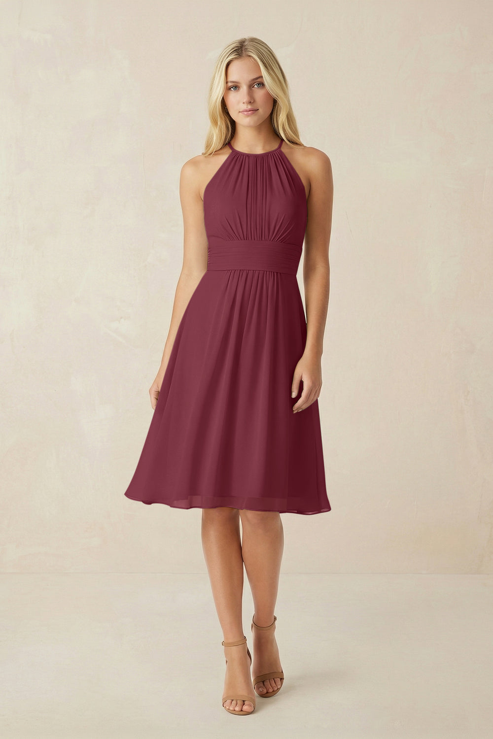 Halter A-Line Chiffon Midi Bridesmaid Dress in Desert Rose